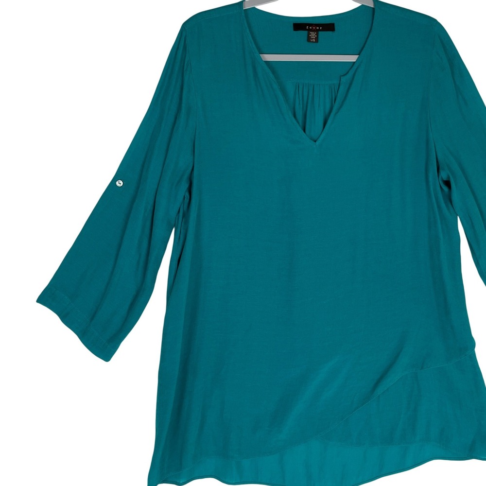Fever Teal‎ Tunic Blouse Women's Large V Neck 3/4 Tab Sleeve Asymmetrical Hem